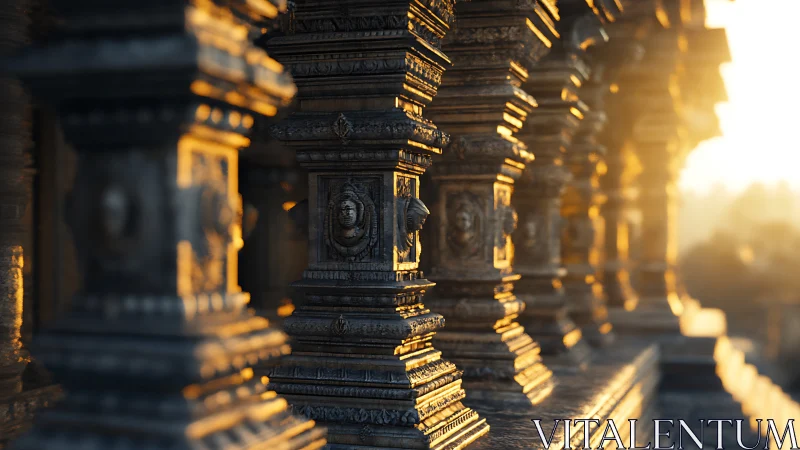 Stone columns with carved faces in warm directional light.