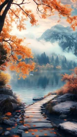 Autumn lakeside stone path beneath misty alpine mountains