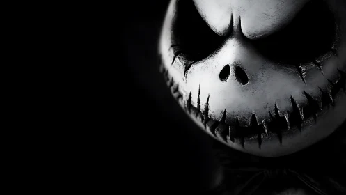 Monochrome close-up of stylized skull face in shadowed frame.