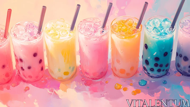 Row of iced bubble tea glasses rendered in high-saturation digital painting