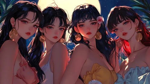 Digital painting quartet under lunar backlight with warm palette.