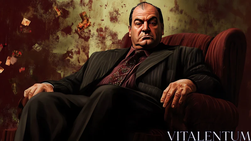 Imposing mob boss reclines in striped suit on red armchair