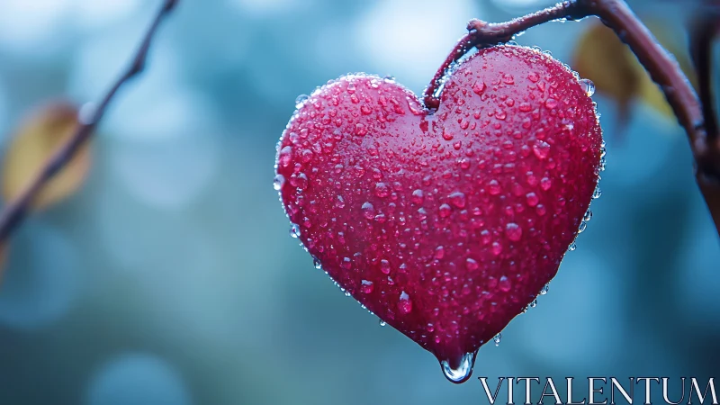 Crimson Heart Suspended in Frost and Morning Dew.