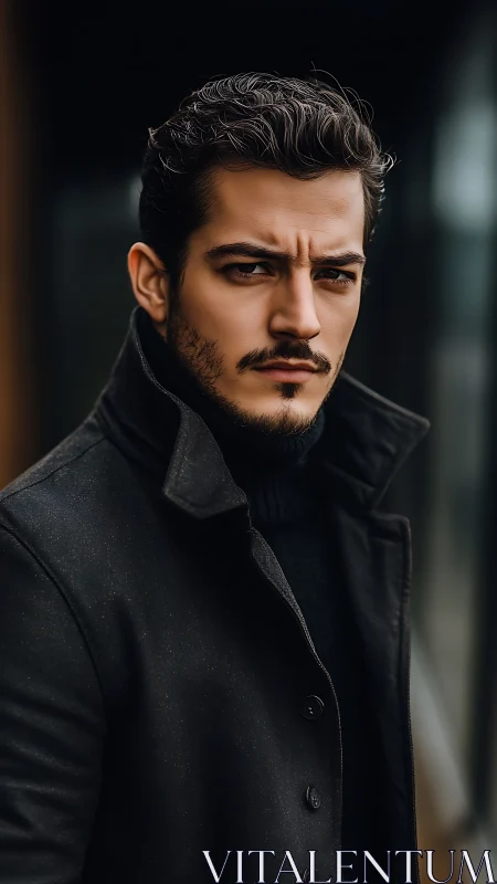 Stormy gaze in a charcoal coat on a moody city day.