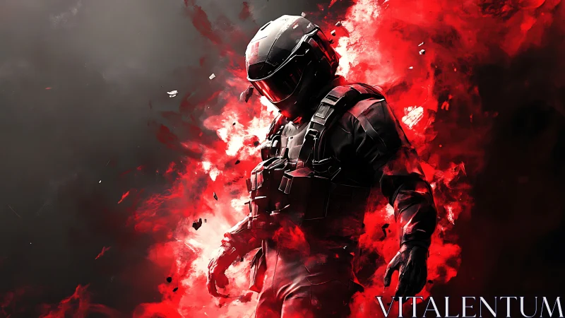 Armored sci fi soldier emerging from red explosive smoke.