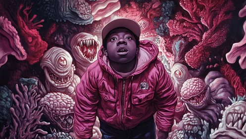 Boy in crimson jacket wandering a hungry coral nightmare.