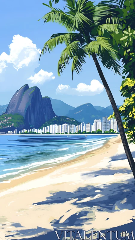 Coastal Urban Landscape with Mountain and Palm Trees