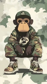 Urban camo monkey character squats in stylized portrait