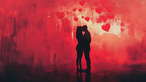 Silhouetted couple kissing against luminous heart motifs in red atmospheric landscape.