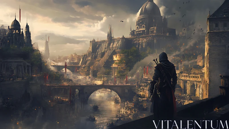 Lone cloaked wanderer quietly surveys a smoldering fantasy city