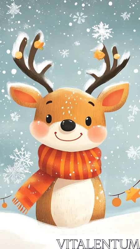 Stylized cartoon reindeer portrait with scarf and falling snowflakes