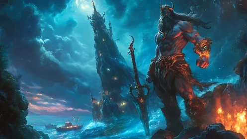 Titanic sea warlord beside blazing shore at stormy dusk.