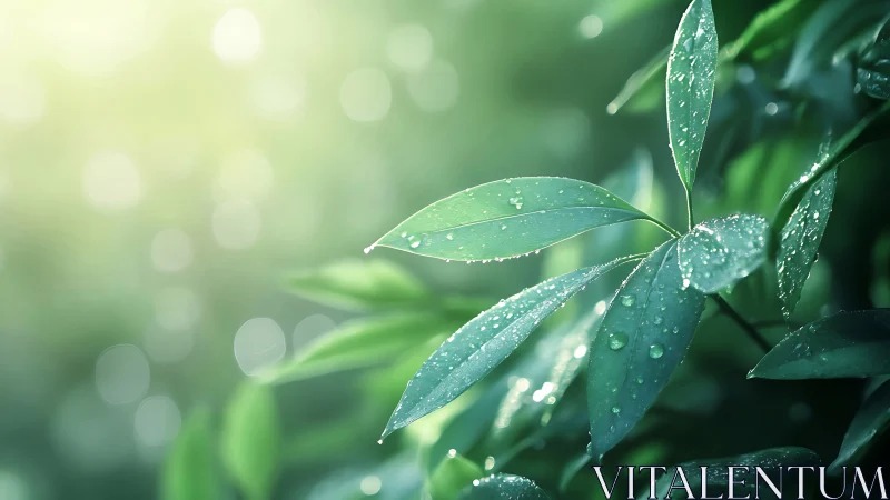 Morning dew on emerald leaves in soft bokeh light.