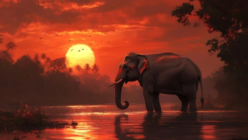 Elephant stands in shallow river under saturated red sunset sky