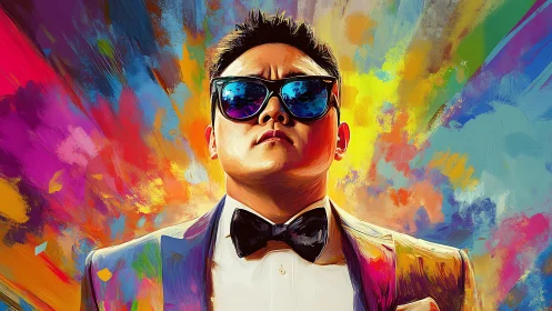 Confident portrait in bold rainbow color bursts of energy.