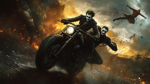 Chaotic clown bikers racing through blazing urban inferno.