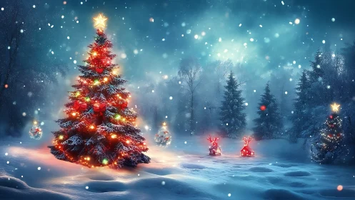 Digital painting of illuminated Christmas forest tableau.