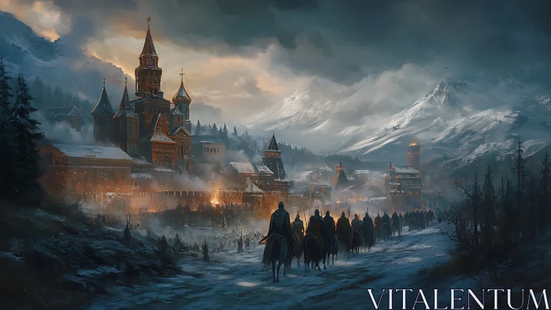 Medieval cavalry approaches fortified winter mountain city