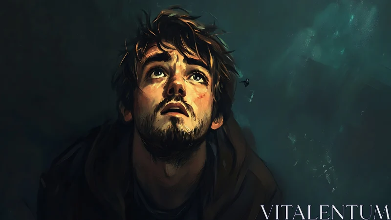 Bearded young man looks upward in moody digital lighting