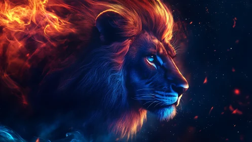 Digital painting of a bi-chromatic fire and ice lion profile.