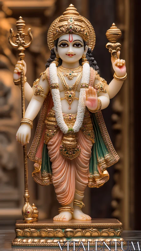 Hindu deity statue stands on ornate pedestal in temple setting