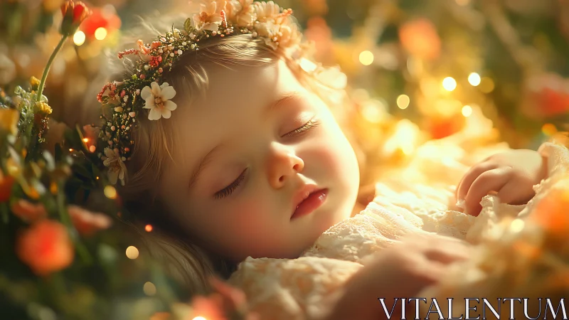 Child rests peacefully adorned in floral crown.