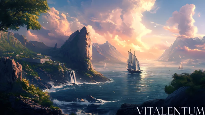 Tall ship sails through sunlit fjord toward distant horizon