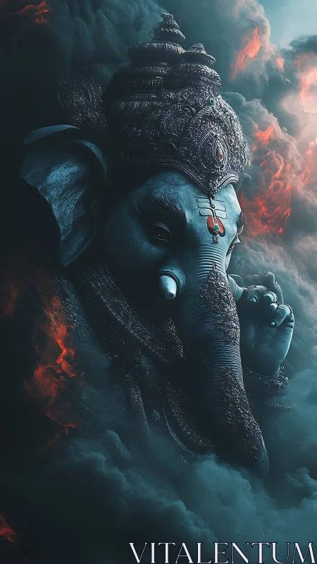 Gentle elephant deity emerging through stormlit clouds.