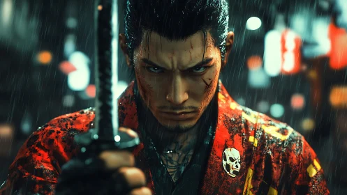 Samurai swordsman in rain with neon city background scene.