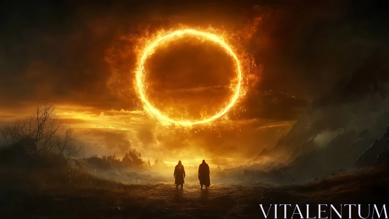 Fiery celestial ring looms above cloaked wanderers at dusk.