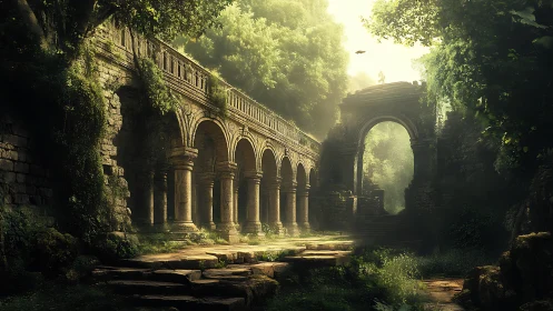 Sunlit ancient arcade within overgrown stone ruins