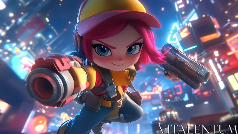 Stylized 3D chibi hero leaping through neon cyber cityscape