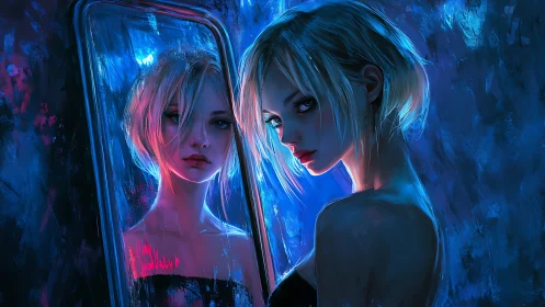 Neon-lit blonde woman with mirror reflection in cool hues.