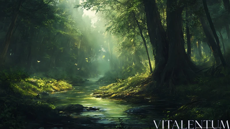 Enchanted Forest Stream Glowing in Golden Sunlight