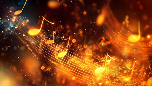 Golden music notes ignite swirling cosmic soundwaves.