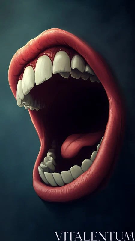 Surreal open mouth floats in darkness with hyperreal teeth