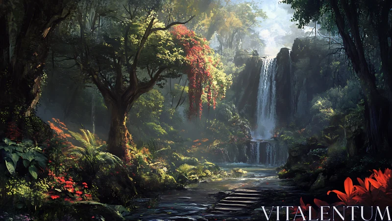 Enchanted Forest Waterfall with Vibrant Flora.