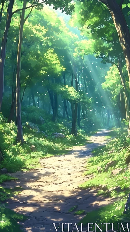 Forest pathway with filtered sunlight through tree canopy