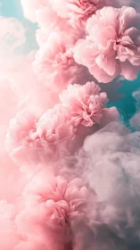 Soft-focus pink peonies drift through pastel vapor clouds.