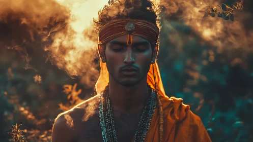 Meditating man in orange robes surrounded by glowing smoke.