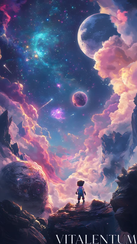 Child explorer studies luminous cosmic sky from cliff edge.