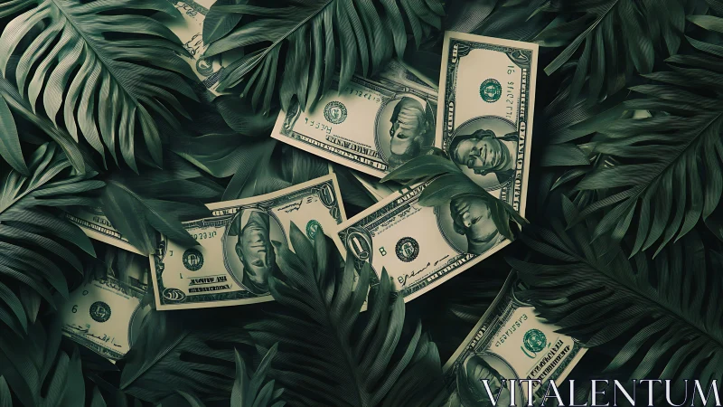Dollar bills lie concealed under dense tropical palm leaves