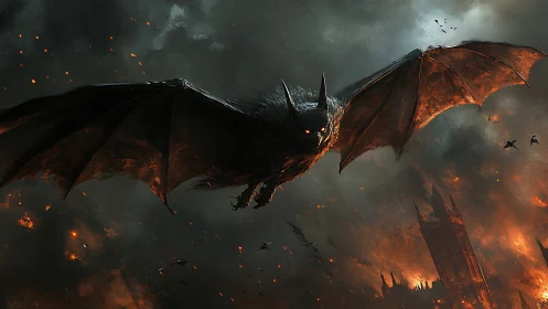 Dark fantasy bat siege over burning gothic cityscape.