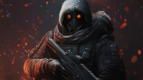 Arctic tactical soldier with glowing visor and rifle in embers