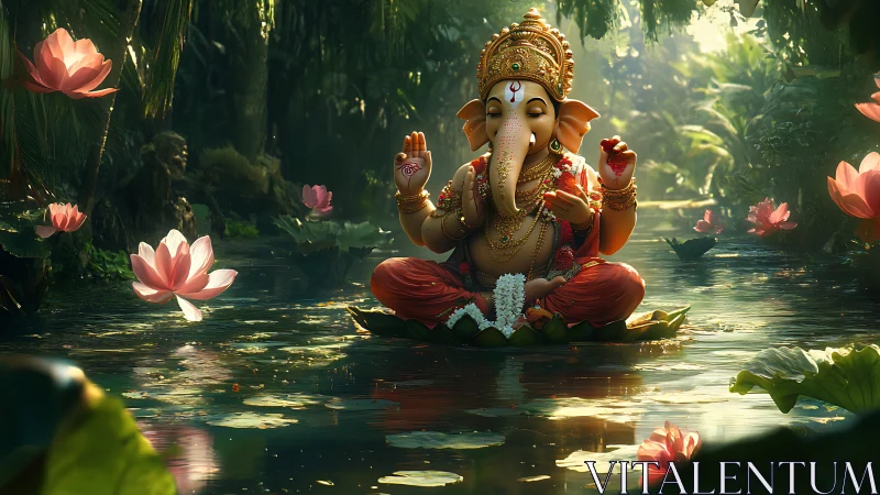 Gentle Ganesha meditating on a lotus pond in soft light.