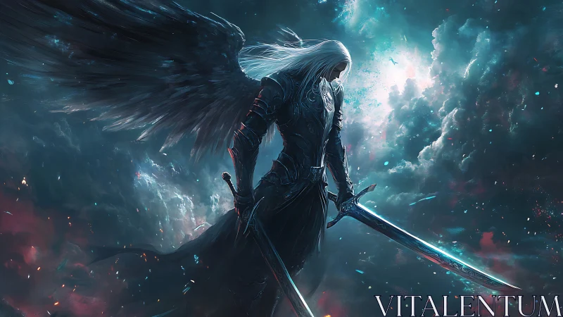 Fallen angel warrior stands armed in a storm of cosmic light