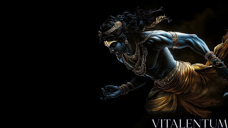 Blue-skinned ornate figure in dynamic lateral motion.