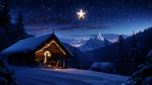 Star-guided nativity cabin glows in blue alpine midnight hush.