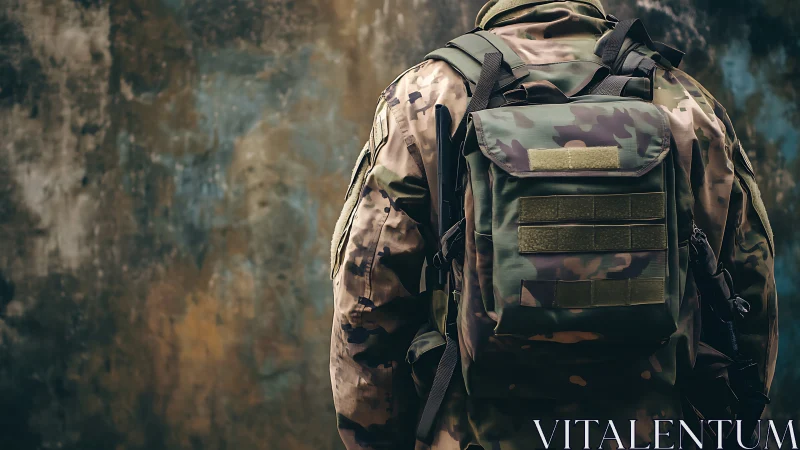 Rear tactical view of camouflaged military pack system.