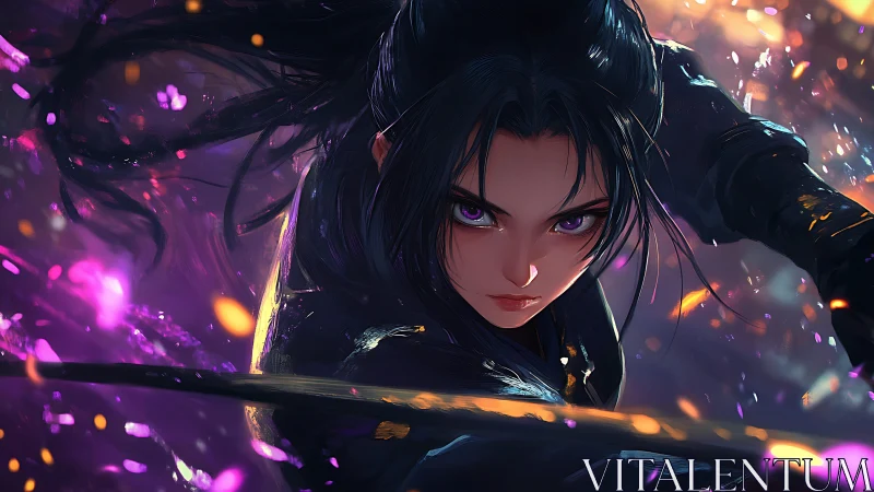 Violet-eyed swordswoman lunging through neon embers at dusk.